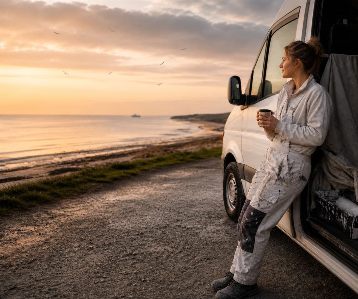 Decorator in paint-spattered whites taking a break by her van at the end of the day