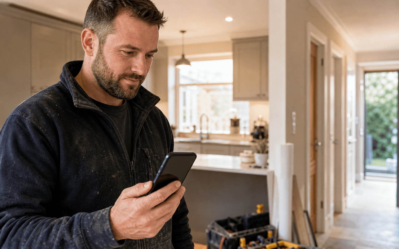 Tradesperson checking By5 on a phone