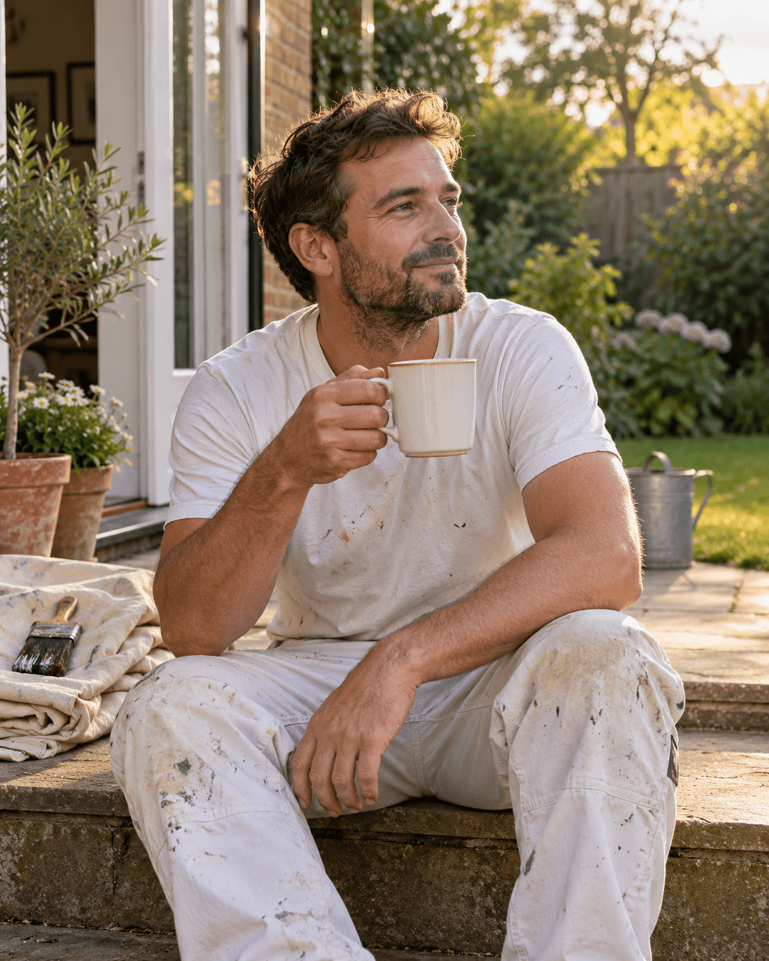 A decorator in paint-marked whites enjoying a cup of tea in the garden after work.